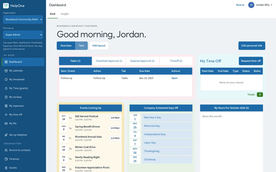 HelpOne dashboard: Good morning greeting, tasks, timesheet and expense approvals, upcoming events and time off