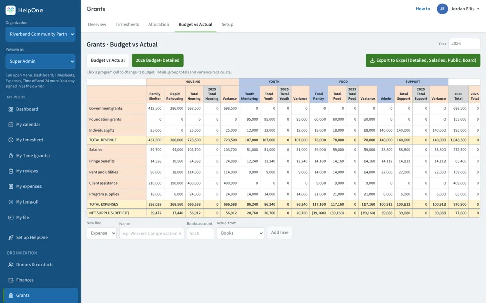 Grant budget vs actual report with an export to Excel button