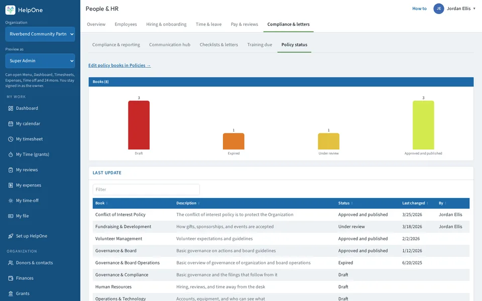 HR compliance screen showing which policies each person has signed