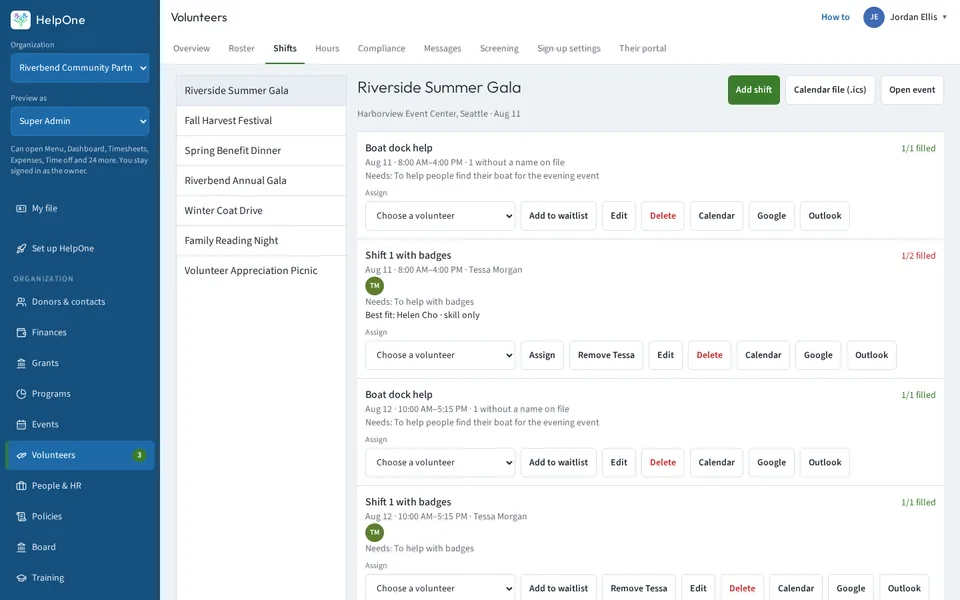 Volunteer shifts with sign-up, waitlist and calendar buttons for each shift